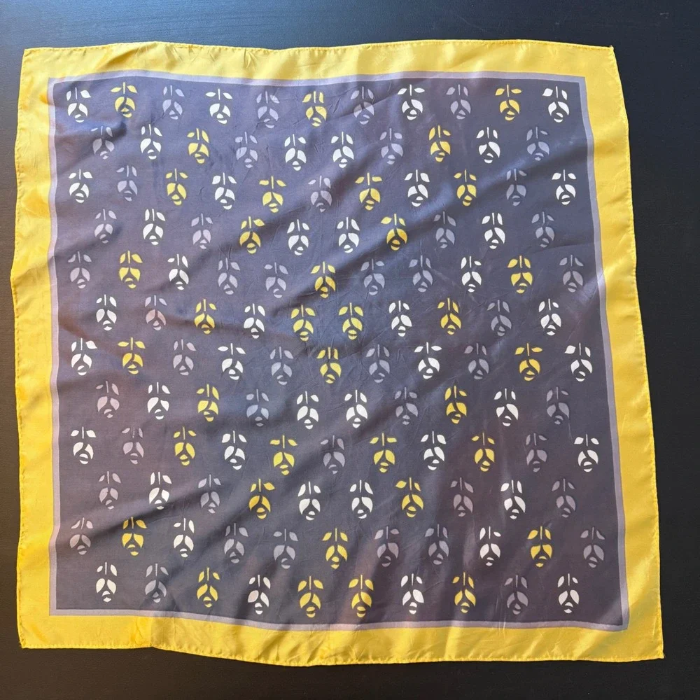 Vintage Japan Acetate Square Scarf‎ Bundle Floral Geometric Blue Yellow Grey 2pc